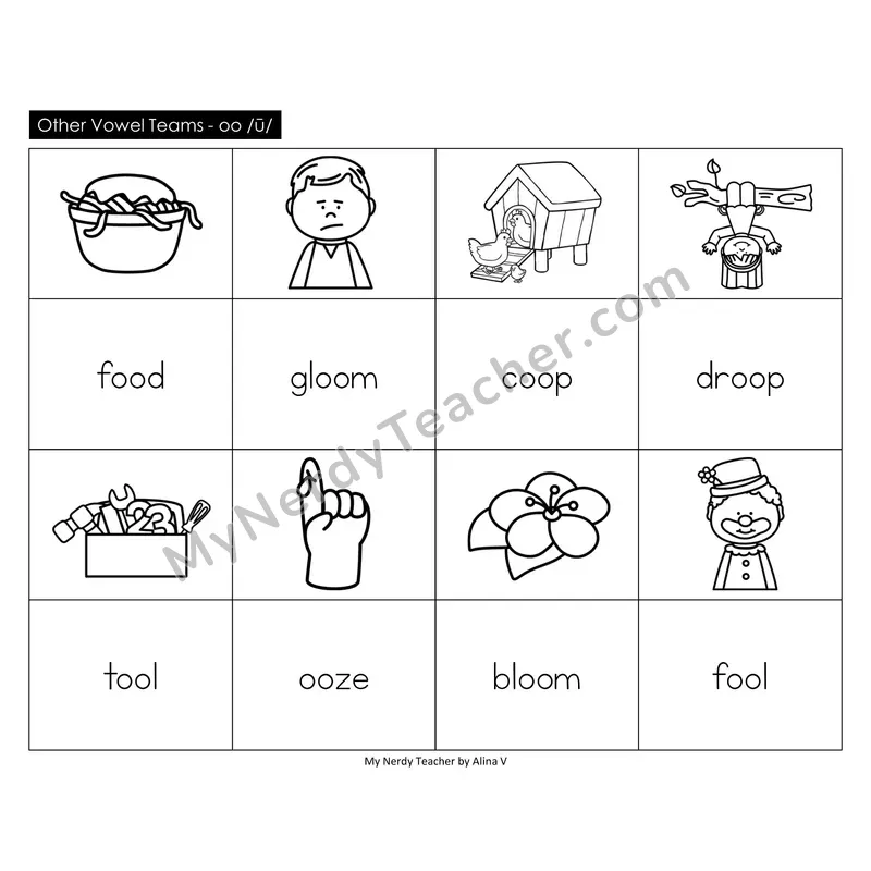 Other Vowel Teams oo (long) Memory Game (Black & White)