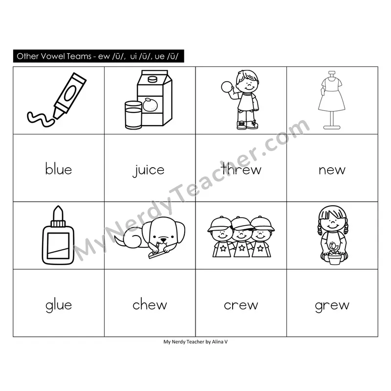 Other Vowel Teams ew, ui, ue Memory Game (Black & White)