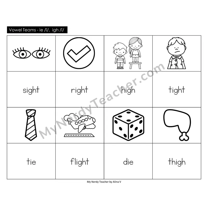 Vowel Teams ie, igh Memory Game (Black & White)