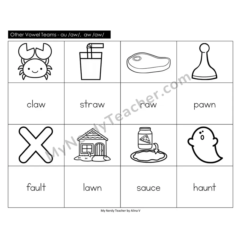 Other Vowel Teams au, aw, augh Memory Game (Black & White)