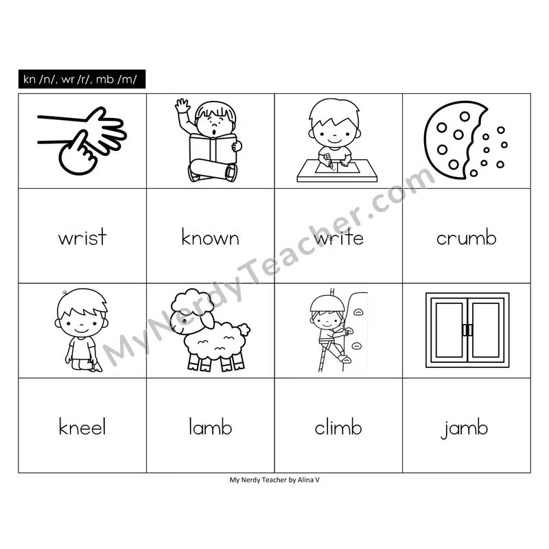Silent Letters (kn, wr, mb) Memory Game (Black & White)