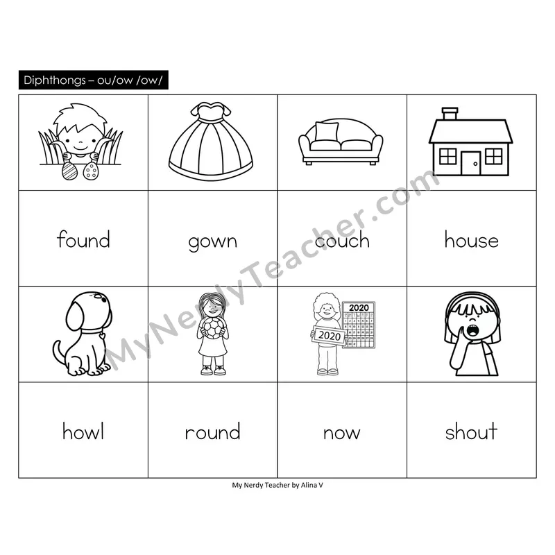 Diphthongs ou, ow Memory Game (Black & White)