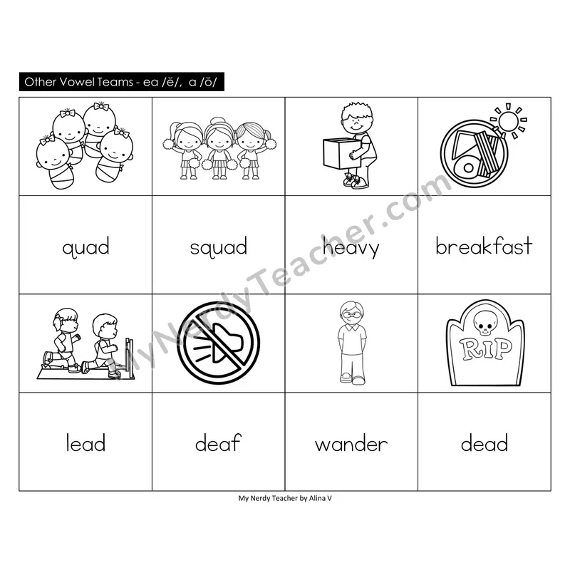 Other Vowel Teams ea short e, a short o Memory Game (Black & White)