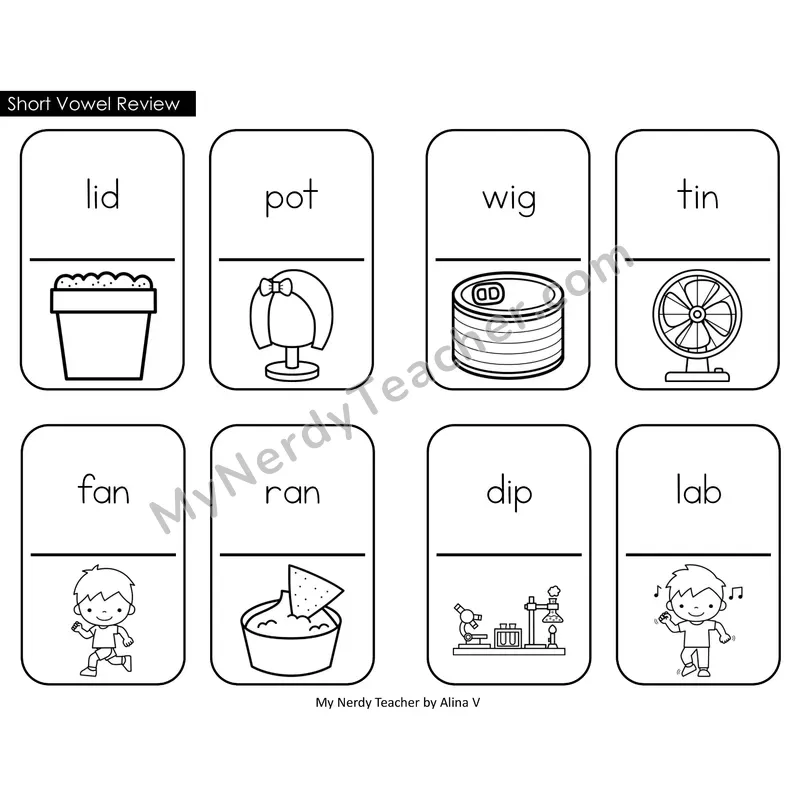 Short Vowels Review Dominos (Black & White)