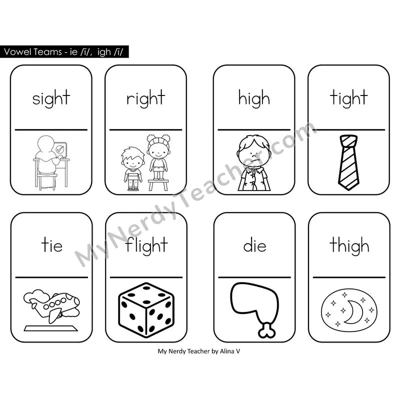 Vowel Teams ie, igh Dominos (Black & White)
