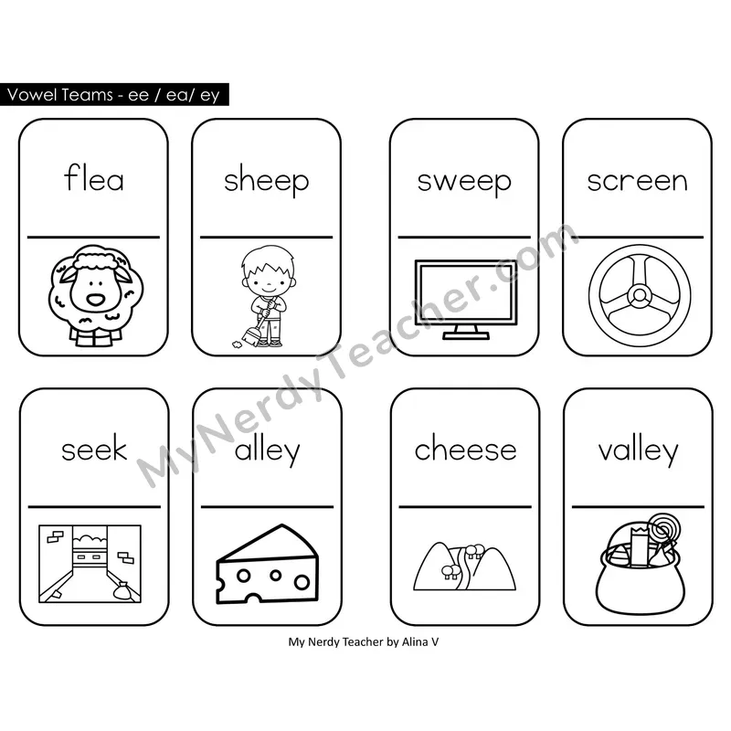 Vowel Teams ee, ea, ey Dominos (Black & White)