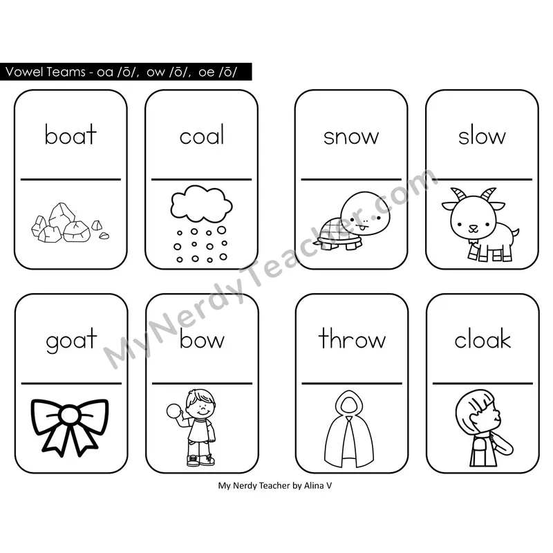 Vowel Teams oa, ow, oe Dominos (Black & White)