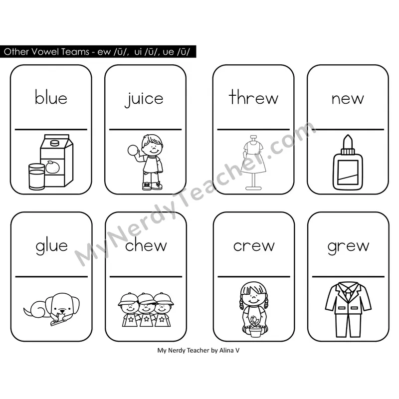 Other Vowel Teams ew, ui, ue Dominos (Black & White)