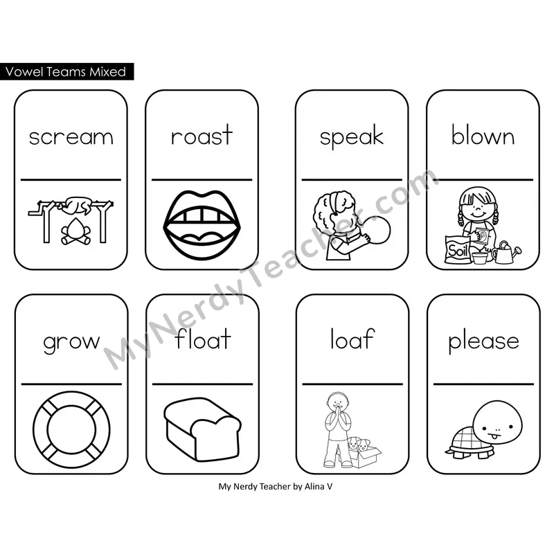 Mixed Vowel Teams Dominos (Black & White)
