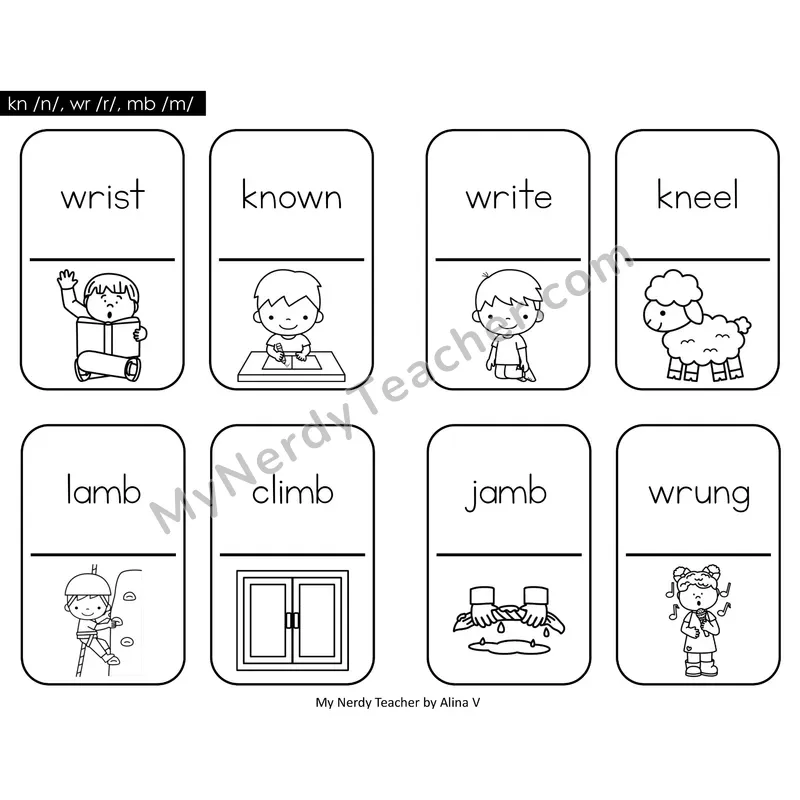 Silent Letters (kn, wr, mb) Dominos (Black & White)