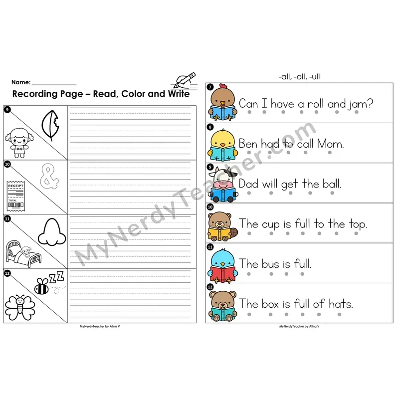 Read the Room Sentences — -all, -oll, -ull word families
