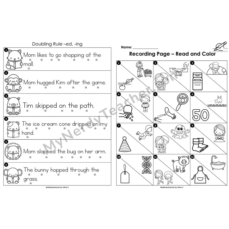 Read the Room Sentences — doubling rule with -ed/-ing (Black and White)