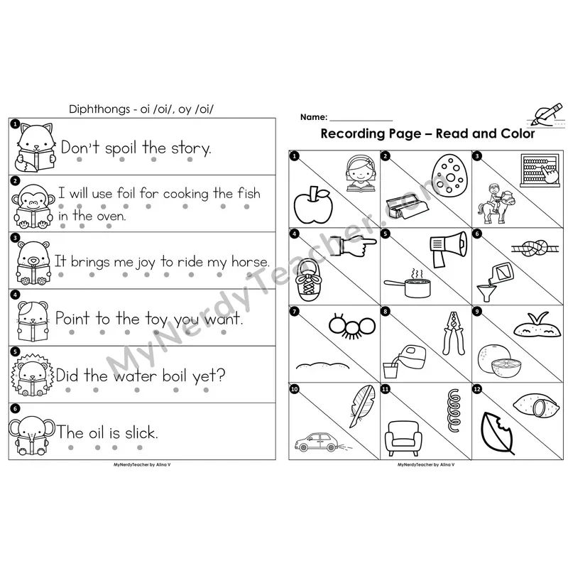 Read the Room Sentences — diphthongs oi/oy (Black and White)