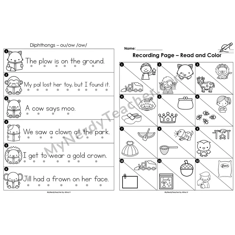 Read the Room Sentences — diphthongs ou/ow (Black and White)