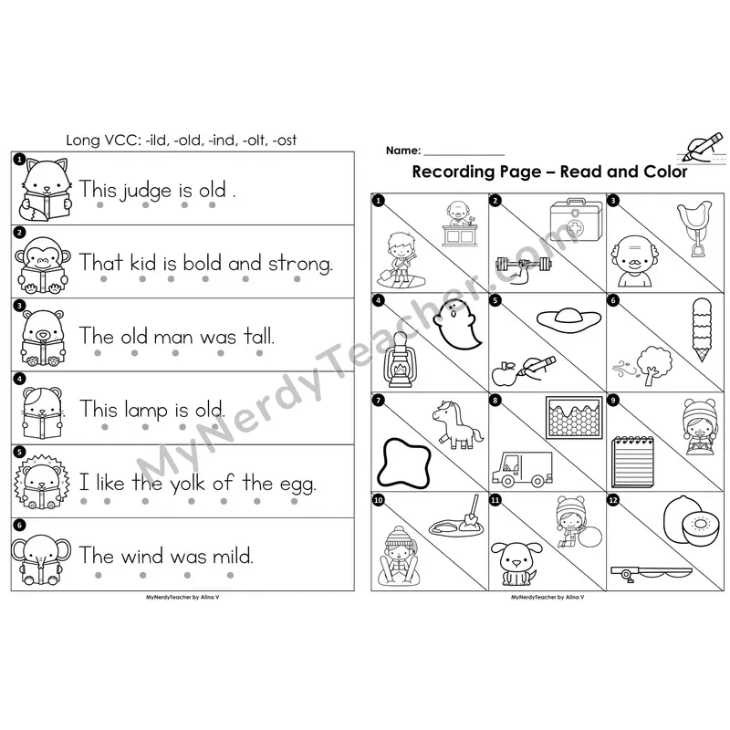 Read the Room Sentences — long VCC (-ild, -old, -ind, -olt, -ost) BW