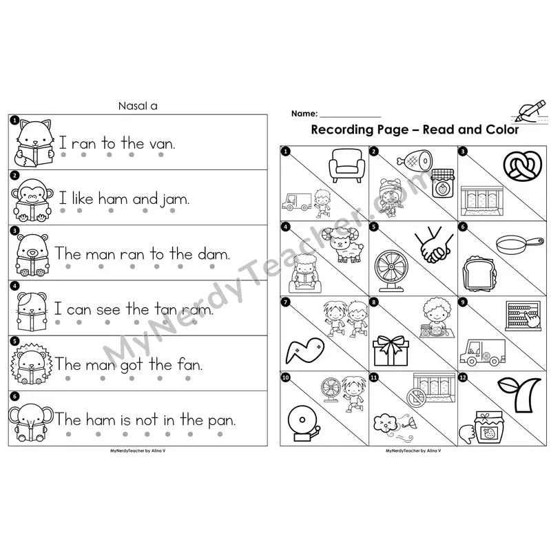 Read the Room Sentences — nasal A (am, an) glued sounds (Black and White)