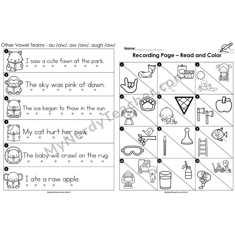 Read the Room Sentences — other vowel teams au/aw/augh (Black and White)