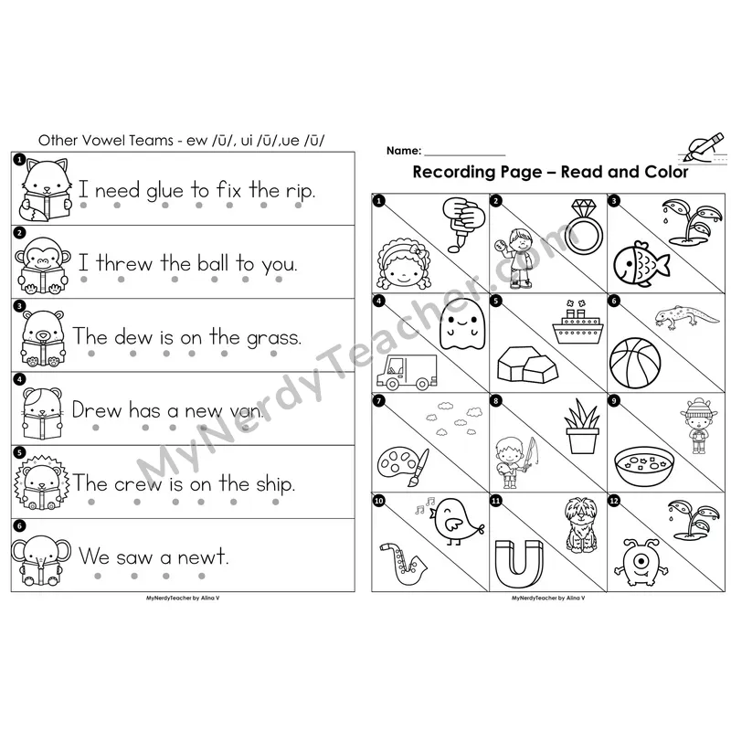 Read the Room Sentences — other vowel teams ew/ui/ue (Black and White)