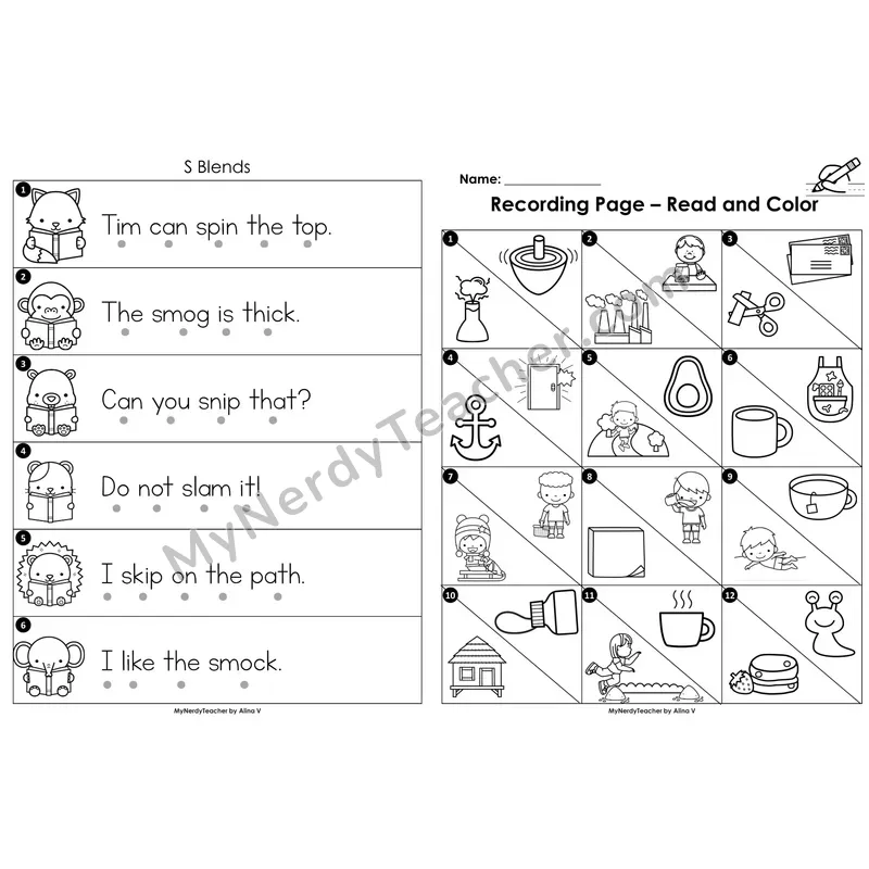 Read the Room Sentences — S blends (Black and White)
