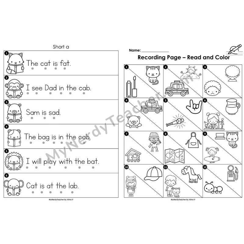 Read the Room Sentences — short a CVC words (Black and White)