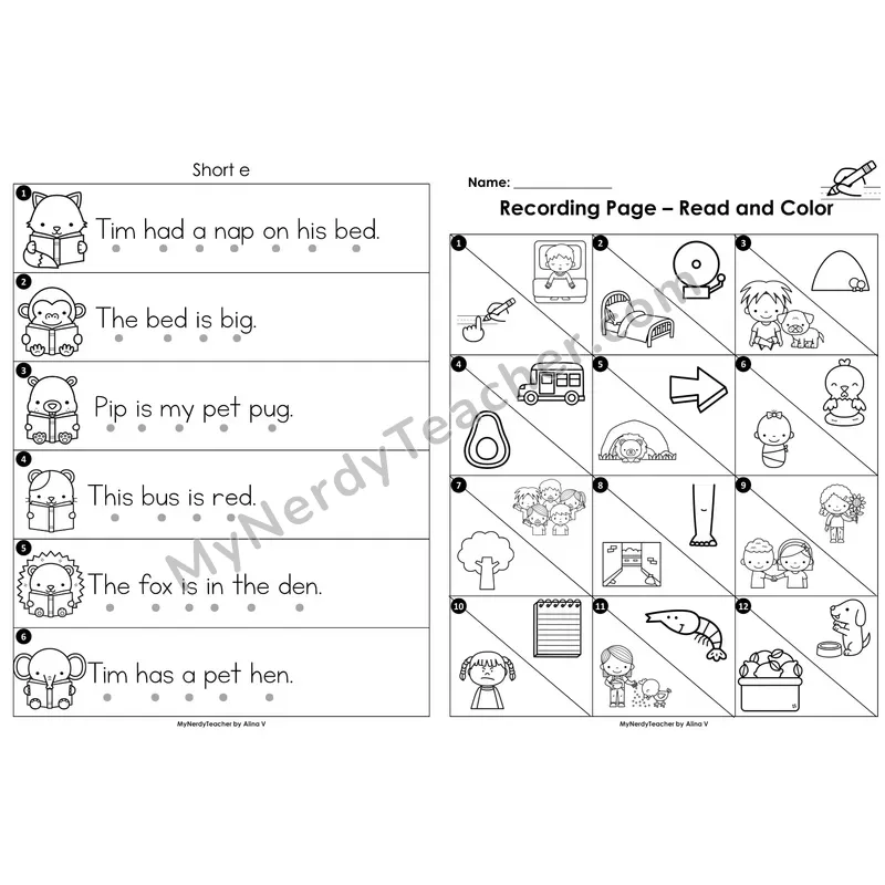 Read the Room Sentences — short e CVC words (Black and White)
