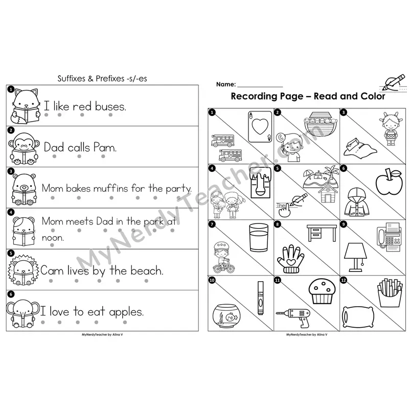 Read the Room Sentences — suffixes -s/-es (plurals) (Black and White)