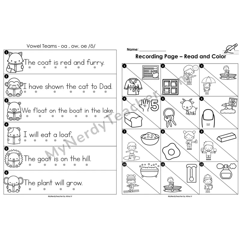 Read the Room Sentences — vowel teams oa/ow/oe (long o) (Black and White)
