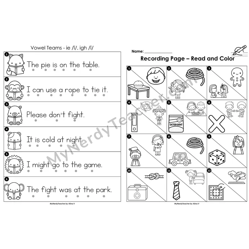 Read the Room Sentences — vowel teams ie/igh (long i) (Black and White)