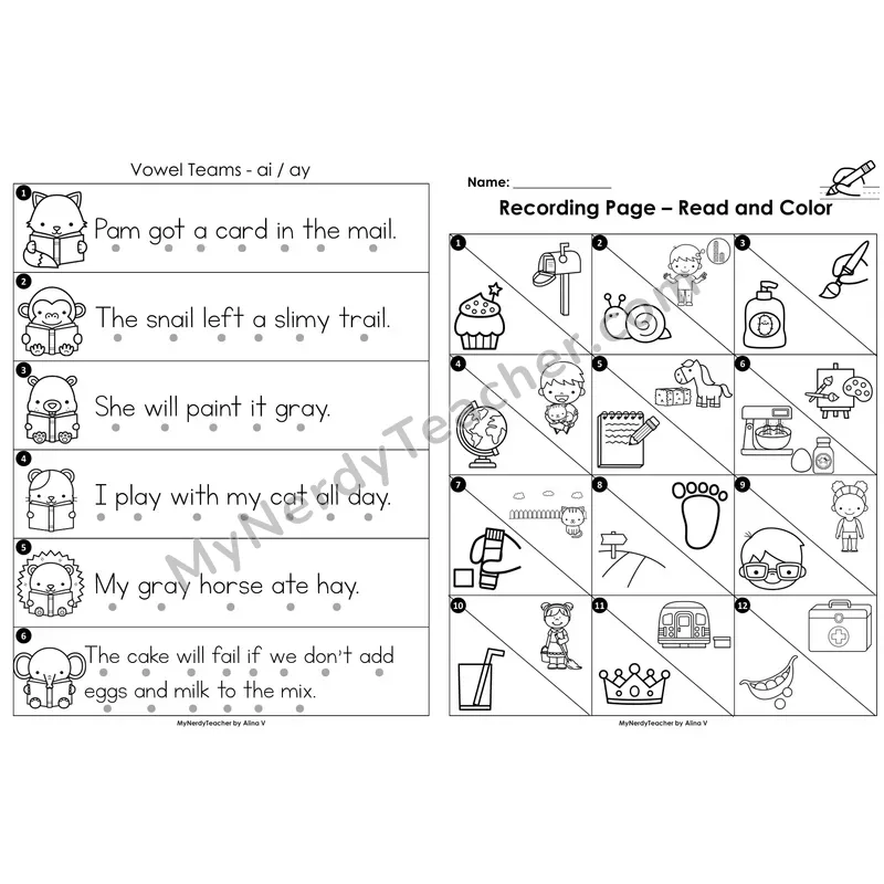 Read the Room Sentences — vowel teams ai/ay (long a) (Black and White)
