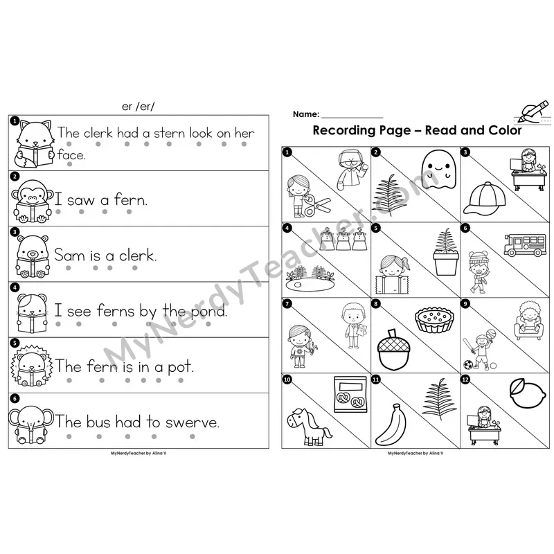 Read the Room Sentences — r-controlled vowel er (Black and White)