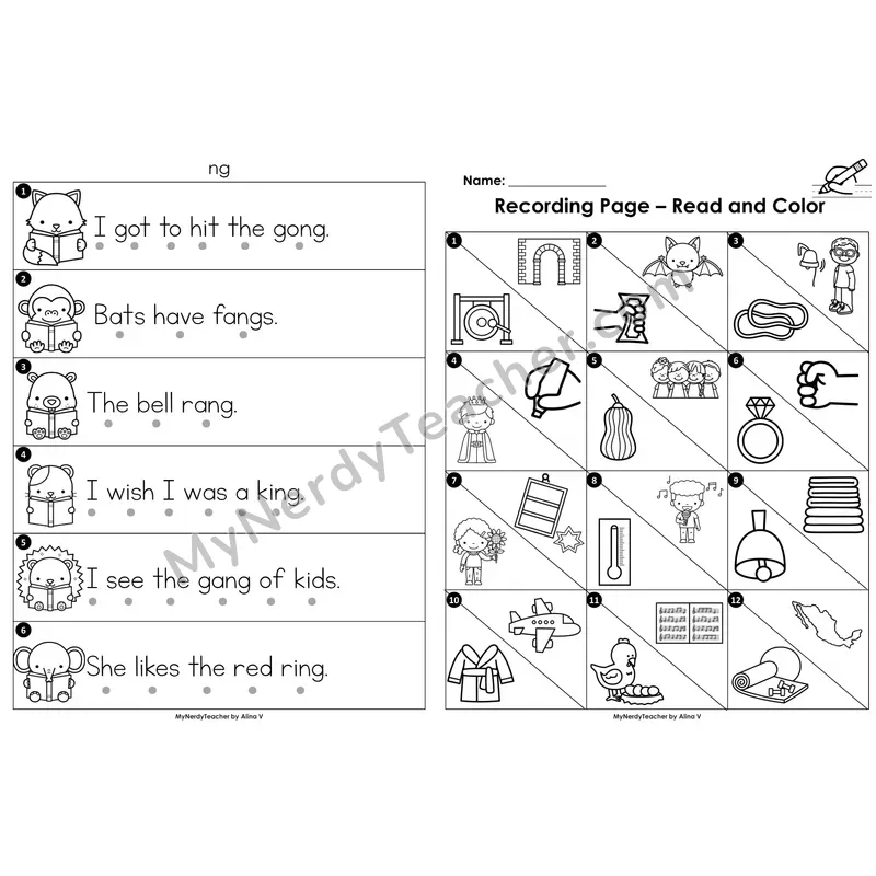 Read the Room Sentences — digraph ng (Black and White)