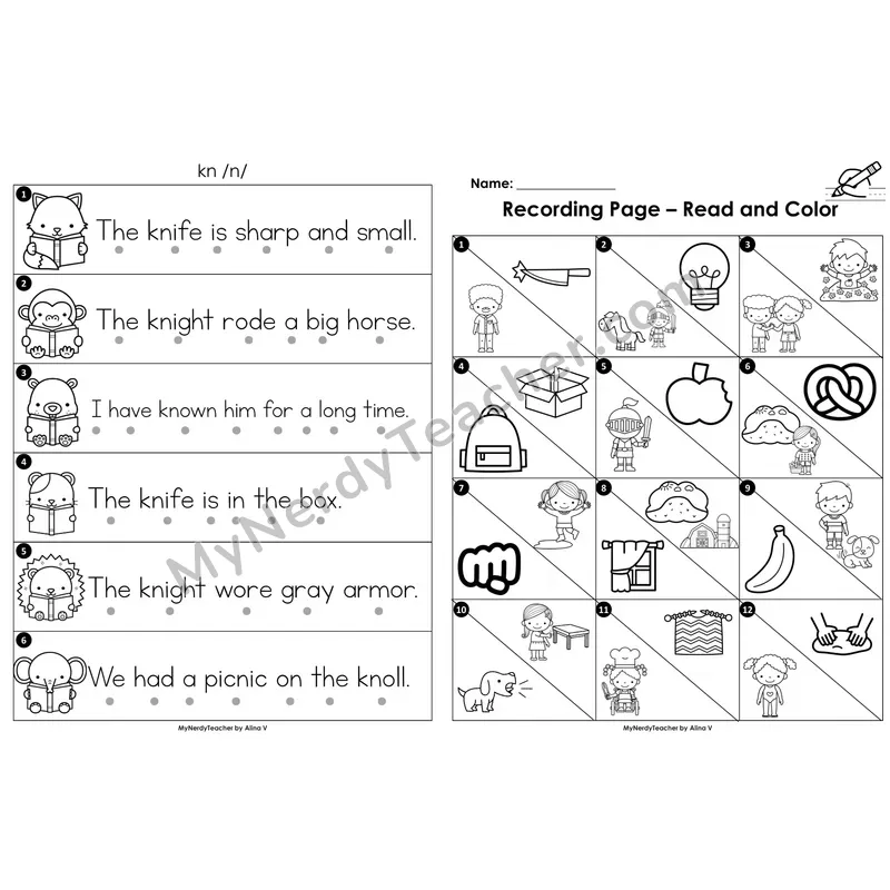 Read the Room Sentences — silent letter kn (Black and White)