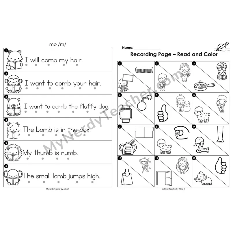 Read the Room Sentences — silent letter mb (Black and White)