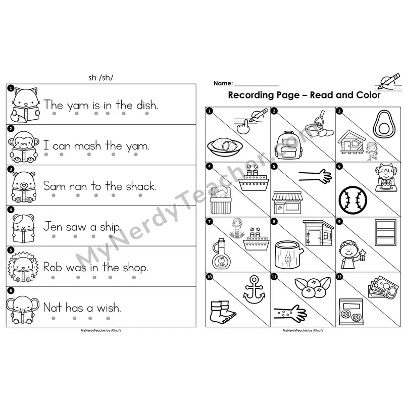Read the Room Sentences — digraph sh (Black and White)