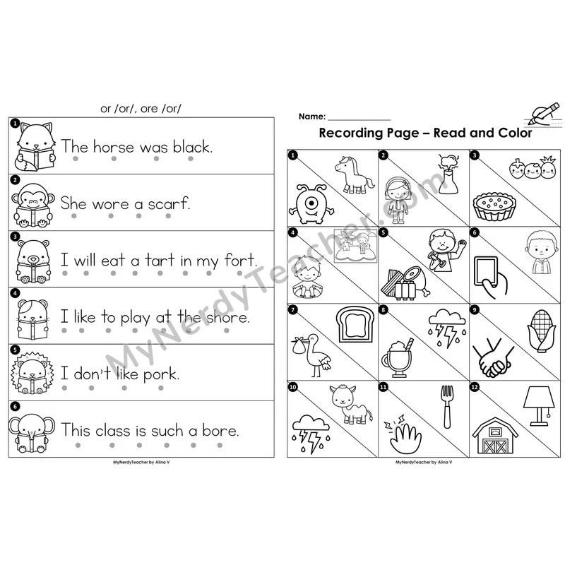 Read the Room Sentences — r-controlled vowels or/ore (Black and White)