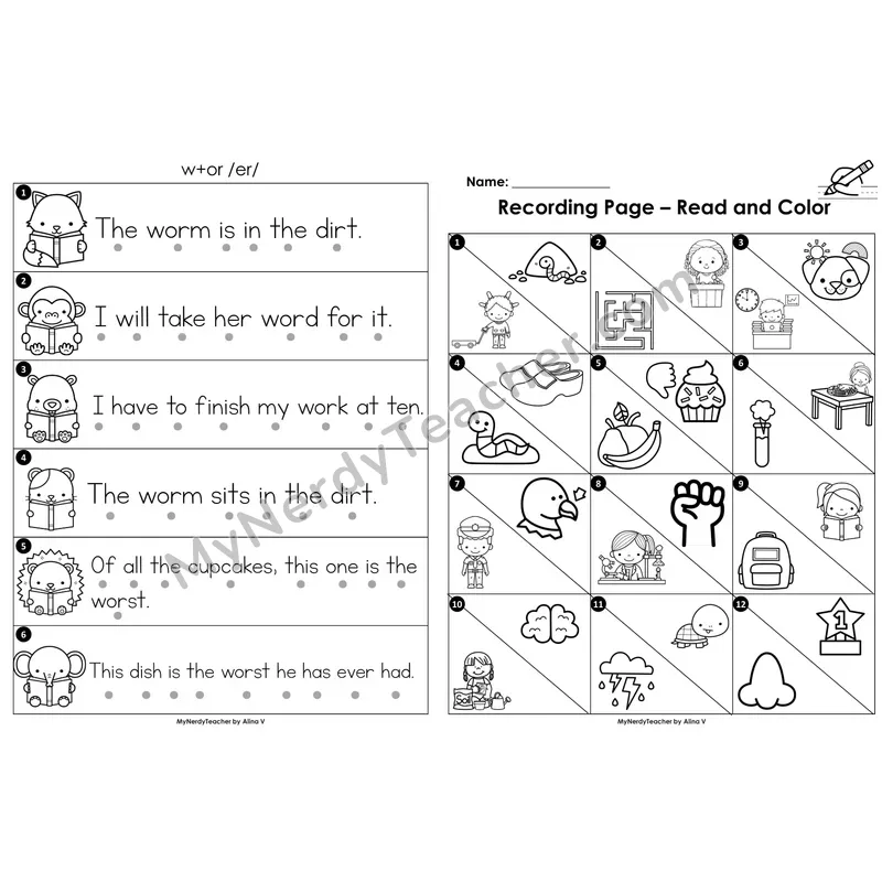 Read the Room Sentences — r-controlled vowel w+or (Black and White)
