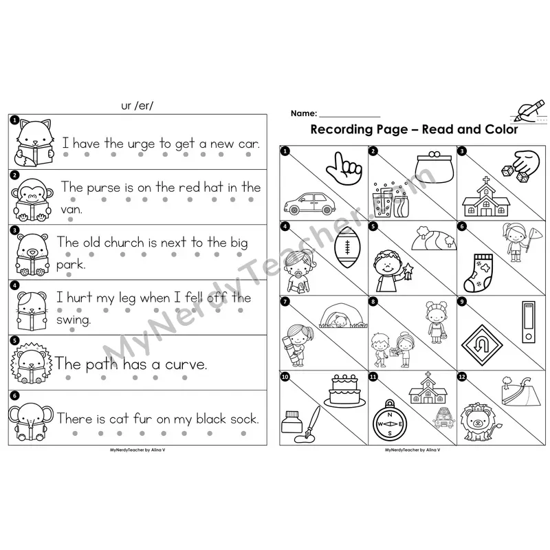 Read the Room Sentences — r-controlled vowel ur (Black and White)