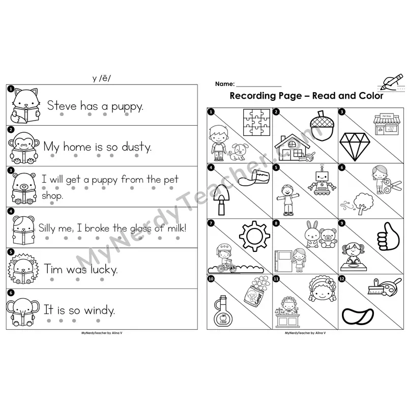 Read the Room Sentences — y as long e vowel (Black and White)