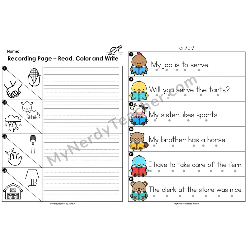 Read the Room Sentences — r-controlled vowel er