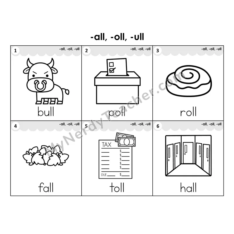 Write the Room Words — -all, -oll, -ull word families (Black and White)