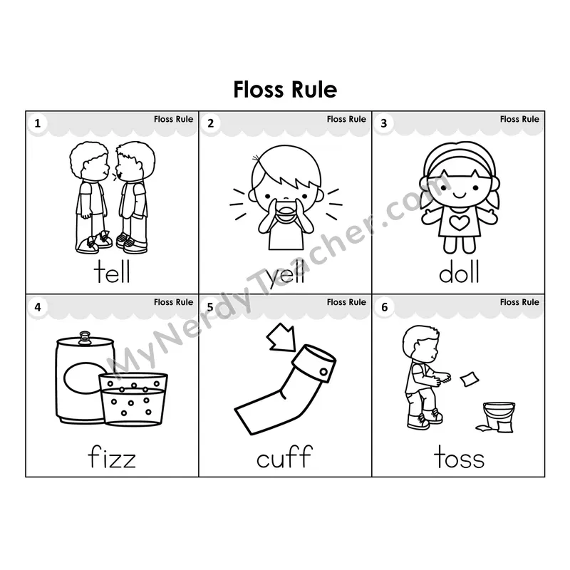 Write the Room Words — floss rule (ff, ll, ss, zz) (Black and White)