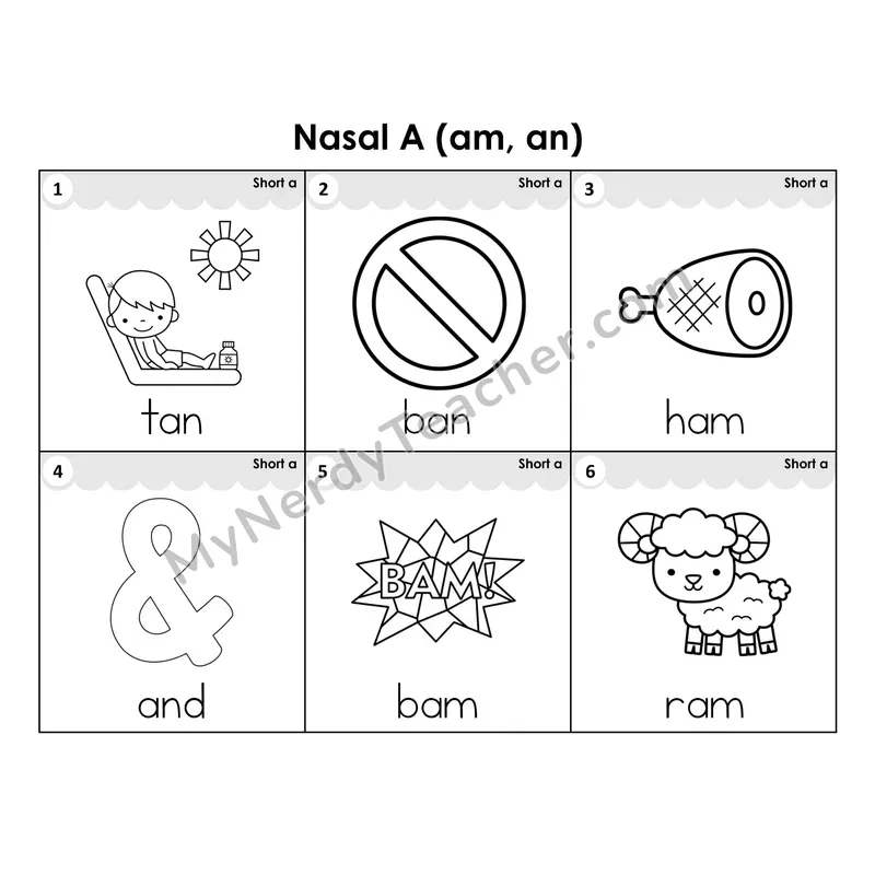 Write the Room Words — nasal A (am, an) glued sounds (Black and White)