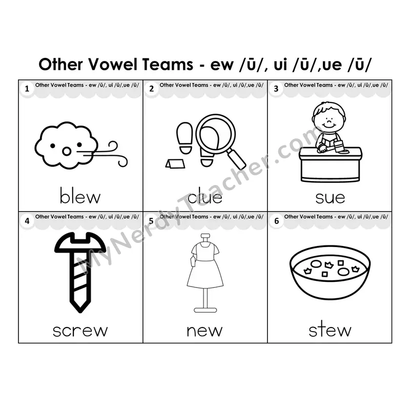 Write the Room Words — other vowel teams ew/ui/ue (Black and White)