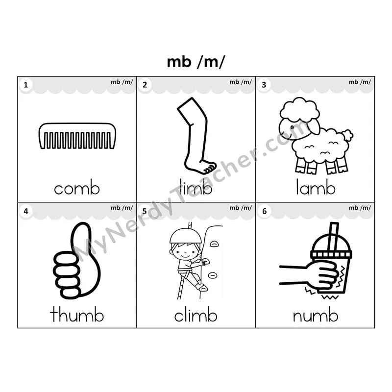 Write the Room Words — silent letter mb (Black and White)
