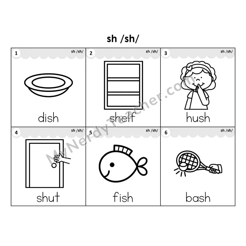 Write the Room Words — digraph sh (Black and White)