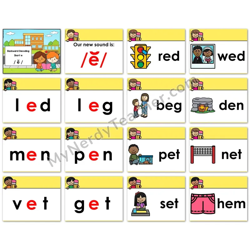 CVC Short e Digital Decoding Slides — Bed, Pen, Leg