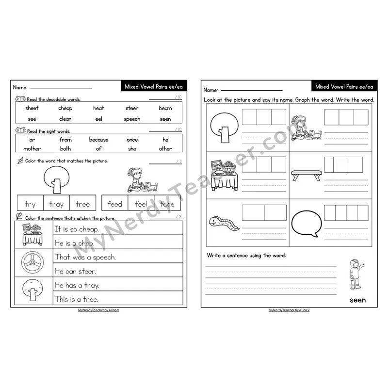 Editable Decodable Look-Alike Words and Sentences — Mixed ee/ea Long E