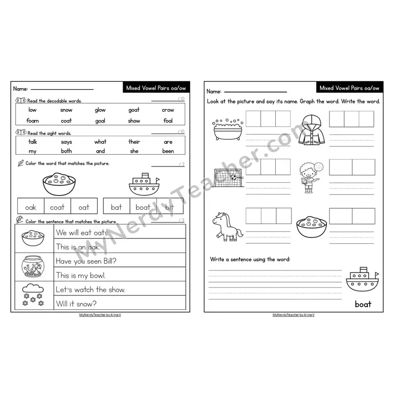 Editable Decodable Look-Alike Words and Sentences — Mixed oa/ow Long O
