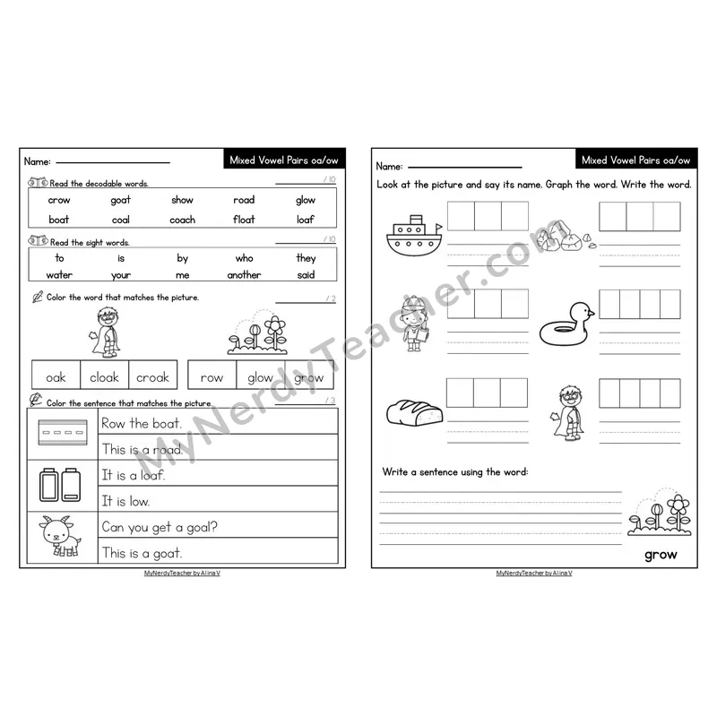 Editable Decodable Look-Alike Words and Sentences — Mixed oa/ow Long O