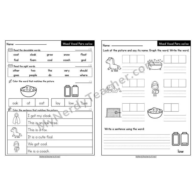 Editable Decodable Look-Alike Words and Sentences — Mixed oa/ow Long O